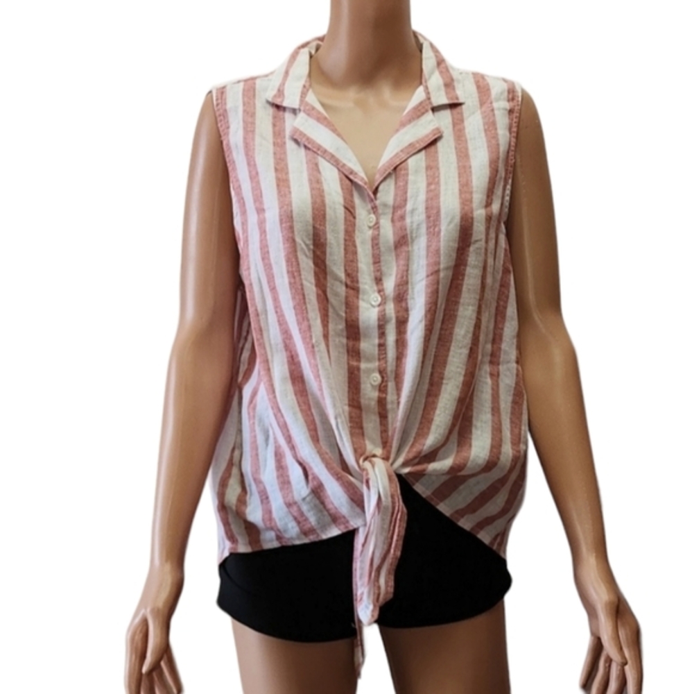 Beach Lunch Lounge Top Sleeveless Tie Front Linen Cotton Stripe Red White Size L